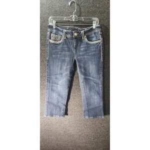 LA Idol USA Womens Embellished Capri Jeans Dark Wash Fleur De Lis Size 9 W31 L18